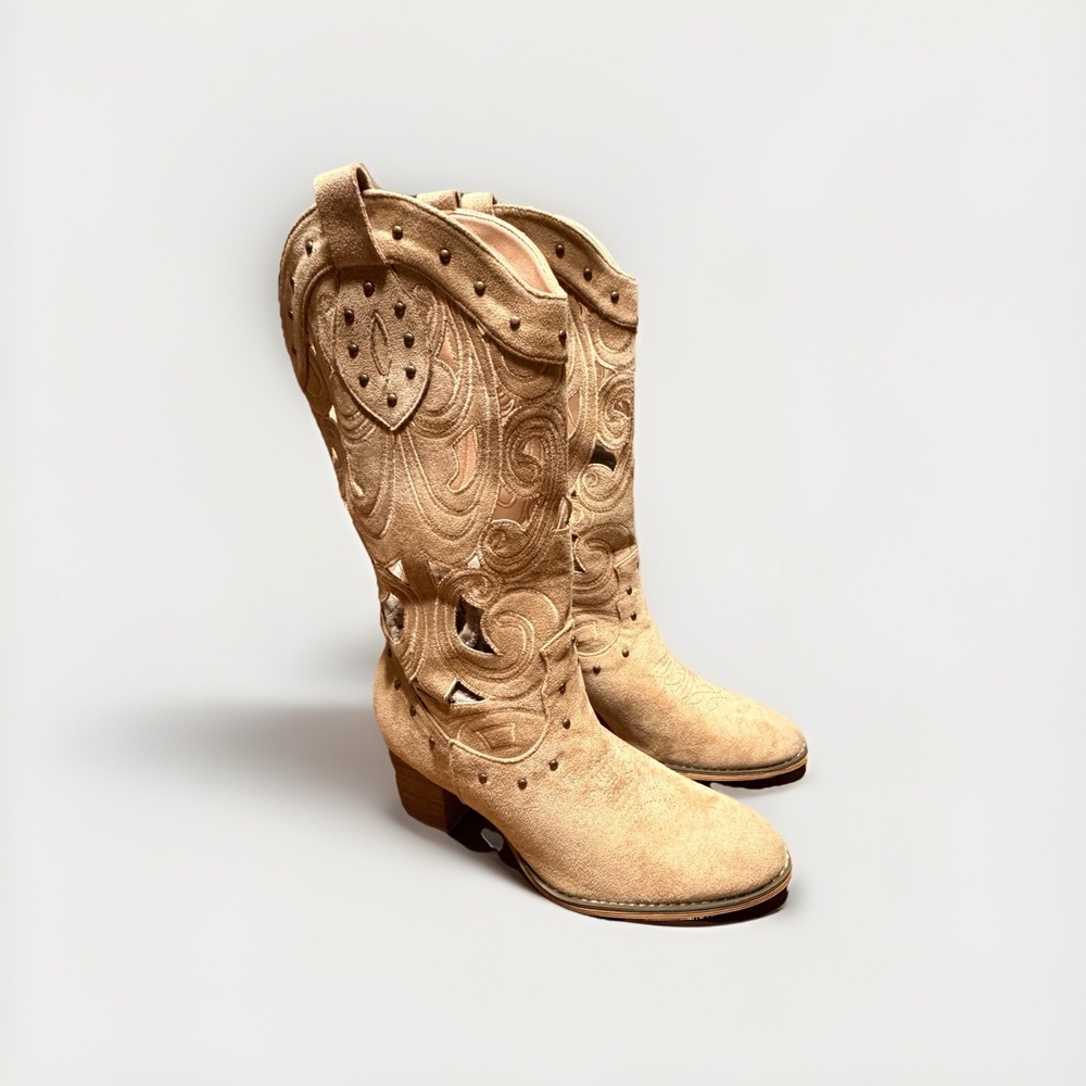 Western Suede Boots Womens Size 41 Beige Cutout Block Heel Mid Calf Cowboy Boho